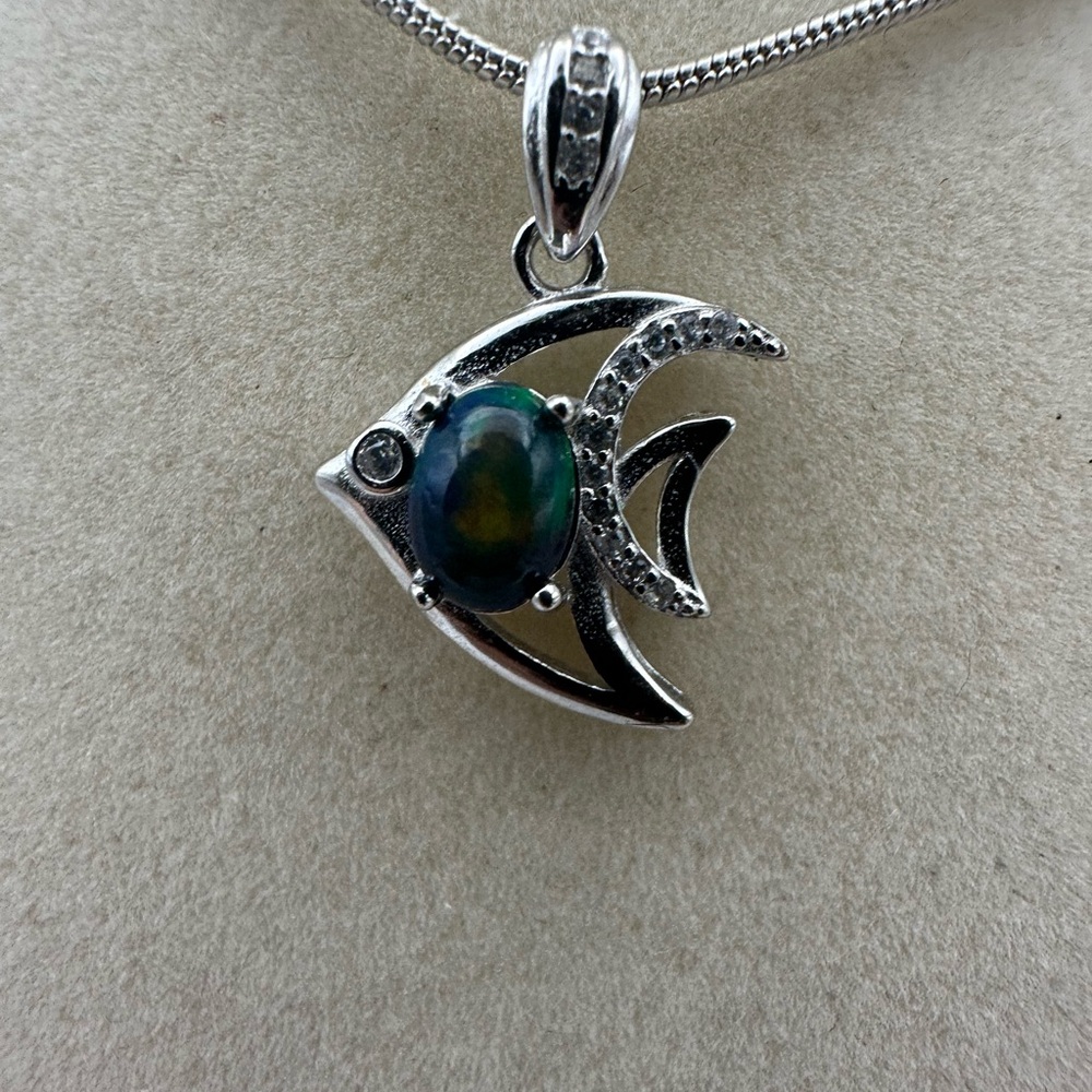 Silver Fish Pendant Necklace with Opal on Chain - Picture 5 of 9